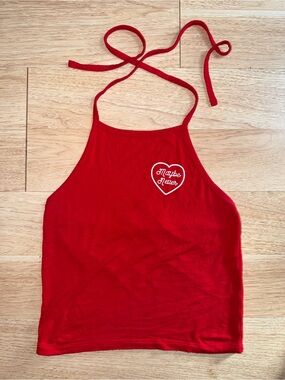 Red Halter Crop Tank Top with Heart Graphic